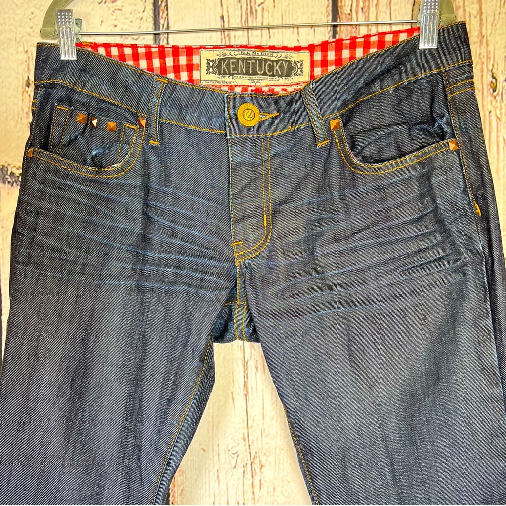 Kentucky Goldie Ride Me Dirty Gingham Dark Wash Denim Jeans Size 31 LIKE NEW EUC